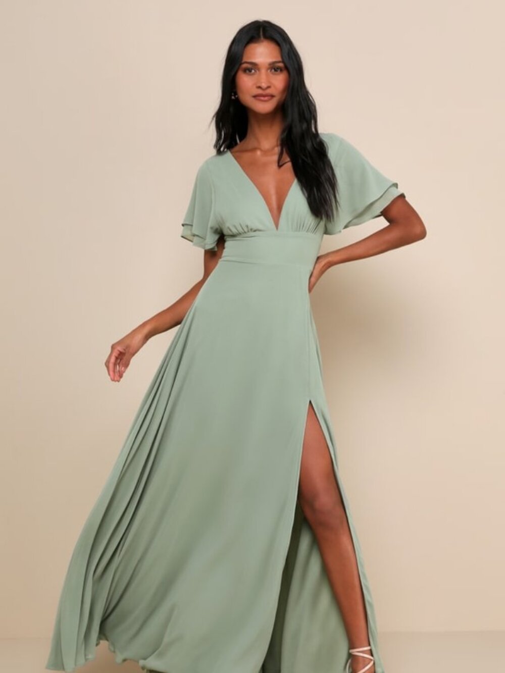 Lulus Promise Of Love Sage Brush Flutter Sleeve Maxi Dress Green - Size S